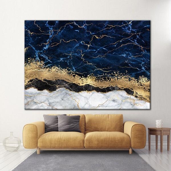 Blue Gold Marble Canvas , Luxury Wall Art, Abstract Wall Decor, Navy Blue Abstract, Modern Artwork, Oversize Canvas Art, Contemporary Art
