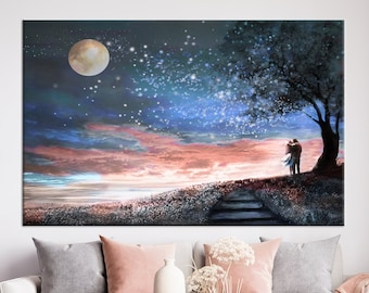 Romantic Couple Canvas Art: Full Moon Landscape Painting