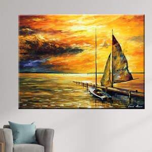Coastal Sunset Canvas Art: Abstract Seascape Boat Print