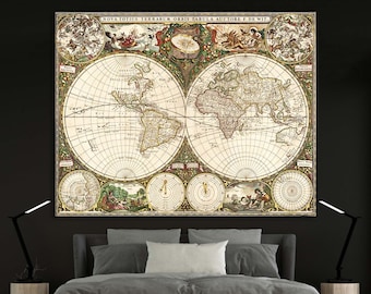 Impresión en lienzo de un mapa del mundo antiguo: decoración de pared grande de estilo vintage
