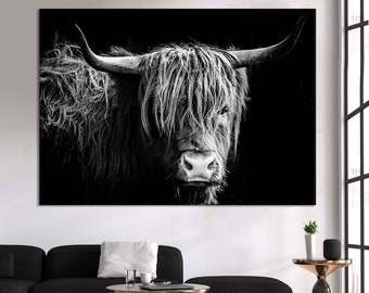 Longhorn Bull Canvas Print: Black and White Highland Cow Wall Art
