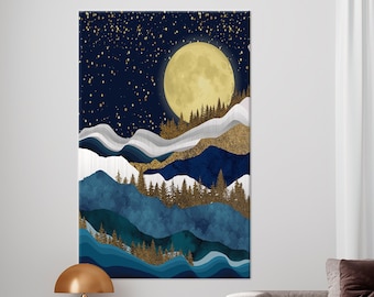 May include: Abstract art print featuring a large yellow moon over a blue and white mountain range with gold accents. The background is a dark blue with white stars.