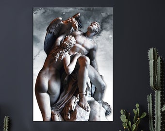 May include: A black and white sculpture of three figures, a man, a woman, and an eagle. The man is holding the woman in his arms, and the eagle is perched on the man's shoulder. The sculpture is set against a cloudy background.