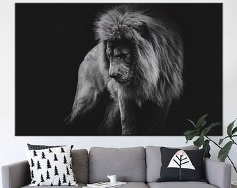 Impresión en lienzo de león blanco y negro: decoración de pared con animales
