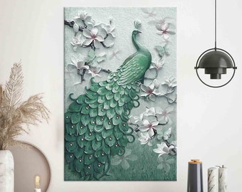 Green Peacock Canvas Art: Modern Floral Wall Decor