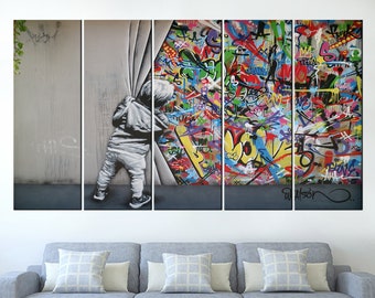Banksy Child Graffiti Canvas Art: Urban Street Style Decor