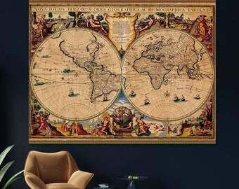 Antique World Map Canvas Print: Noua Totius Terrarum, Large Wall Decor