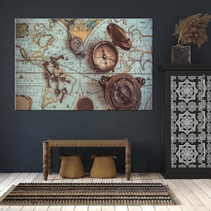 Antike Weltkarte Leinwand, Kompass, Taschenkompass aus Messing, Vintage Weltkarte, Vintage Leinwand, Retro Wandkunst, Vintage Kartentisch