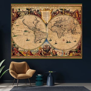 Vintage Weltkarte, Weltkarte Poster, Antiker Stil Weltkarte, Noua Totius Terrarum, alte Weltkarte, große Wanddekoration, Wandkarte, Karte Leinwand