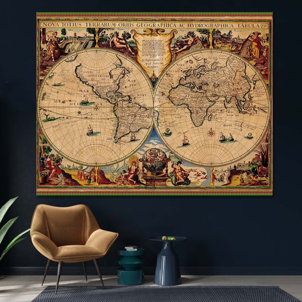 Vintage World Map, World Map Poster, Antique Style World Map, Noua Totius Terrarum, Old World Map, Large Wall Decor, Wall Map , Map Canvas