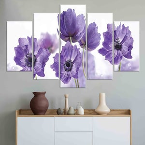 Arte de pared en lienzo, arte de pared con flores moradas, decoración de sala de estar, lienzo morado, arte de pared moderno, póster de flores abstractas, regalo personalizado,