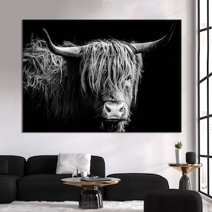 Longhorn Bull Canvas Print: Black and White Highland Cow Wall Art