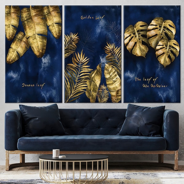 Blad van banaan, Navy Gold Wall Art, Golden Leaf, Luxe Wall Art, Modern Wall Decor, Gold Wall Art, Tree Leaf Wall Art, Set van 3, Canvas Art