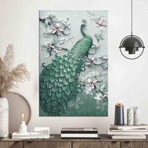 Green Peacock Canvas Art: Modern Floral Wall Decor