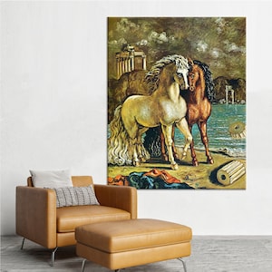 Os cavalos de Apolo, Giorgio de Chirico, arte de parede de cavalo, pintura de cavalo, mesa vintage, arte de parede moderna, tela grande, impressão de pintura a óleo,