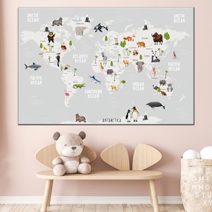 Impresión de mapa del mundo para niños, mapa del mundo para guardería, impresión de mapa de animales para guardería, arte de pared con mapas, arte de pared para guardería, arte de pared educativo, decoración de habitación de niños,