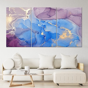 Canvasprint paarsblauw goud marmer: abstracte muurdecoratie