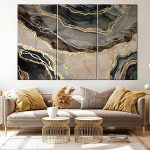 Impresión abstracta en lienzo con veteado dorado: arte mural de lujo
