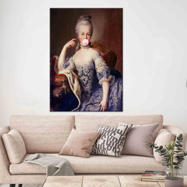 Marie Antoinette Print, Rosa Bubble Gum, Wandkunst Leinwand, Marie Antoinette Wandkunst, Marie Bubble Gum, Bubblegum Lady, französisches Rokoko,