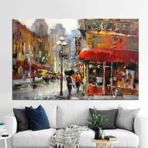 Abstract Canvas, Oil Painting Canvas Art, Rain Art Canvas, The City Canvas Art, Street Cafe Wall Art, Paris Artwork, Gloomy Road Canvas