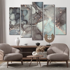 Brown Turquoise Swirl Abstract Canvas Art: Fluid Marble Painting
