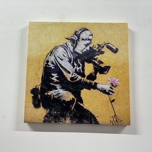 Banksy Cameraman Flower Canvas Art: Graffiti Wall Decor