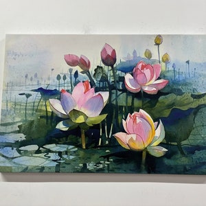 Lienzo de loto, arte de pared de loto, arte de pared de flores, arte de pared abstracto, lienzo de flores, impresión de acuarela, arte de pared colorido, pintura de loto,