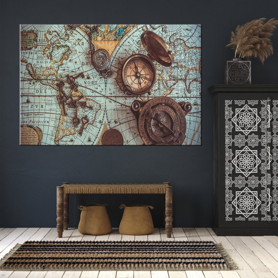 Vintage World Map Canvas Print: Antique Compass Rose Wall Art - Etsy