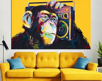 Arte en lienzo de Monkey Boombox: pintura abstracta de animales para decorar la pared