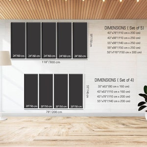 May include: A mockup of a wall with two sets of black canvas prints. The top set has five prints, each measuring 24 inches by 60 inches. The bottom set has four prints, each measuring 20 inches by 50 inches. The text on the wall reads "DIMENSIONS (Set of 5)" and "DIMENSIONS (Set of 4)" with the dimensions of each print listed in inches and centimeters.