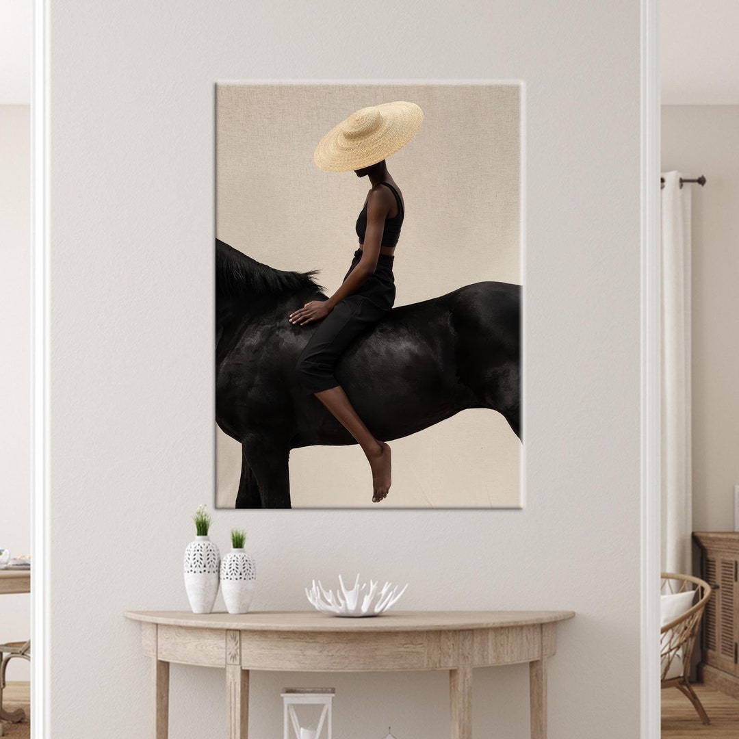 Woman on Black Horse Canvas Art: Modern Equestrian Wall Decor - Etsy