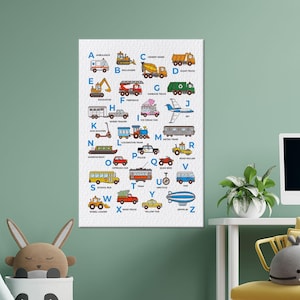 Art alphabétique sur toile véhicules de transport, affiche murale d'apprentissage pour enfants, impression éducative pour chambre d'enfant, tableau ABC coloré sur les transports pour les tout-petits