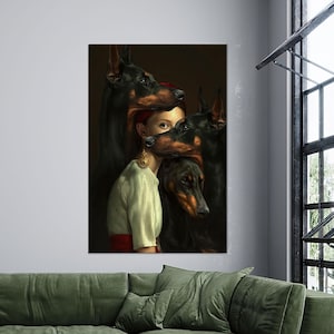 Lienzo de mujer con dóberman, póster surrealista de retrato de perro, decoración de pared para amantes de las mascotas misteriosas, obra de arte de estilo fantasía oscura para galería del hogar.