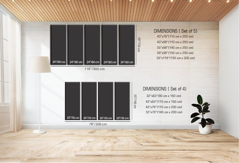 K&ouml;nnte beinhalten: Pr&auml;sentation von gerahmten Kunstpaneelen in einem modernen Innenraum. Das Bild zeigt Sets von 4 und 5 schwarzen Paneelen mit Abmessungen in Zentimetern. Der Text auf dem Bild gibt die Gr&ouml;&szlig;e jedes Paneels an.