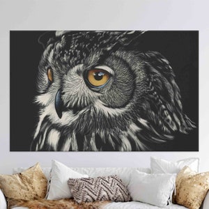 Lienzo de búho en primer plano, retrato realista de búho, póster de aves silvestres, decoración de animales de la naturaleza en lienzo de algodón, arte de pared para oficina.