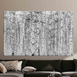 Birkenwald Poster, Landschaftswandkunst, Waldlandschaft, Hausdekoration, Schwarzweiß-Birkenwald, Minimalistischer Baum Leinwanddruck