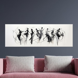 May include: Abstract black and white painting of dancers in motion. The artwork features fluid brushstrokes and dynamic figures, creating a sense of movement and grace. The dancers are depicted in various poses, with flowing lines suggesting their forms.