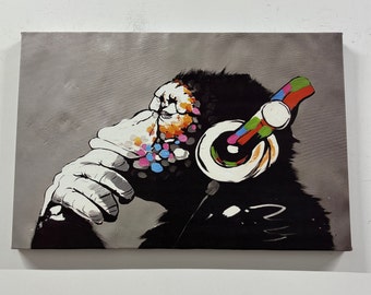 Banksy DJ Monkey, Gorilla Chimp Canvas Wall Art, Banksy Thinking Monkey, Headphones Chimp Music Thinker Graffiti Mural, Street Graffiti Art