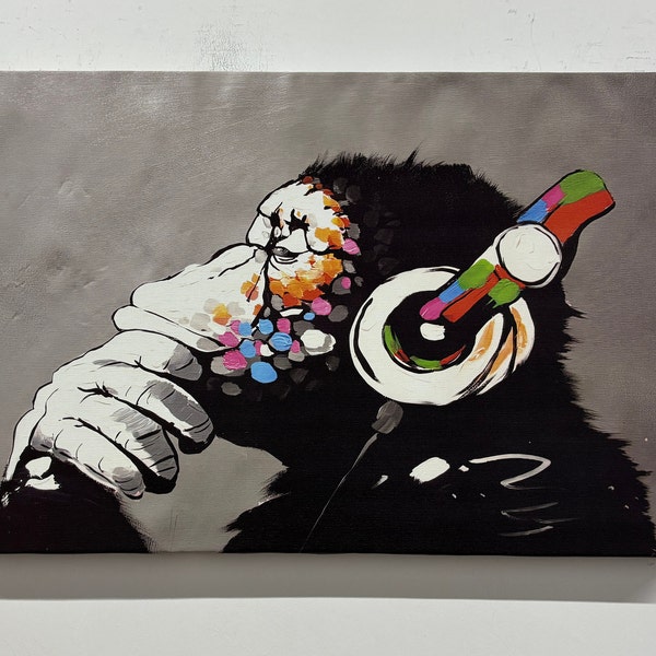 Banksy DJ Monkey, Gorilla Chimp Canvas Wall Art, Banksy Thinking Monkey, Headphones Chimp Music Thinker Graffiti Mural, Street Graffiti Art