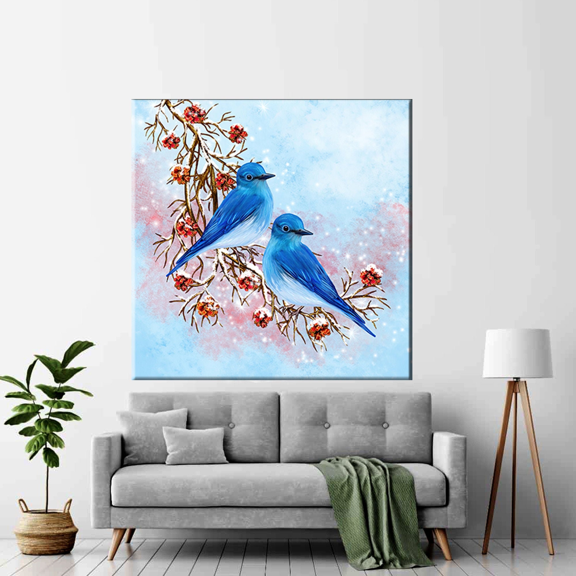 Impresión en lienzo de pájaros azules: arte mural con paisaje nevado invernal