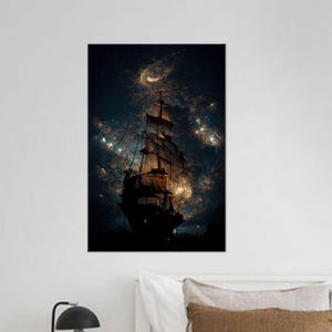Fantasy Sailing Ship at Night Canvas Wall Art, Starry Galaxy Sky Poster, Cosmic Nautical Cotton Canvas Print for Dark Dreamy Home Decor