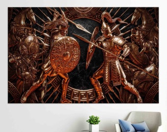 May include: Two golden warriors clash in a dramatic scene, their shields and spears locked in combat. The figures are intricately detailed, with ornate armor and weapons. The background features a dark marble-like surface with a circular pattern of gold.