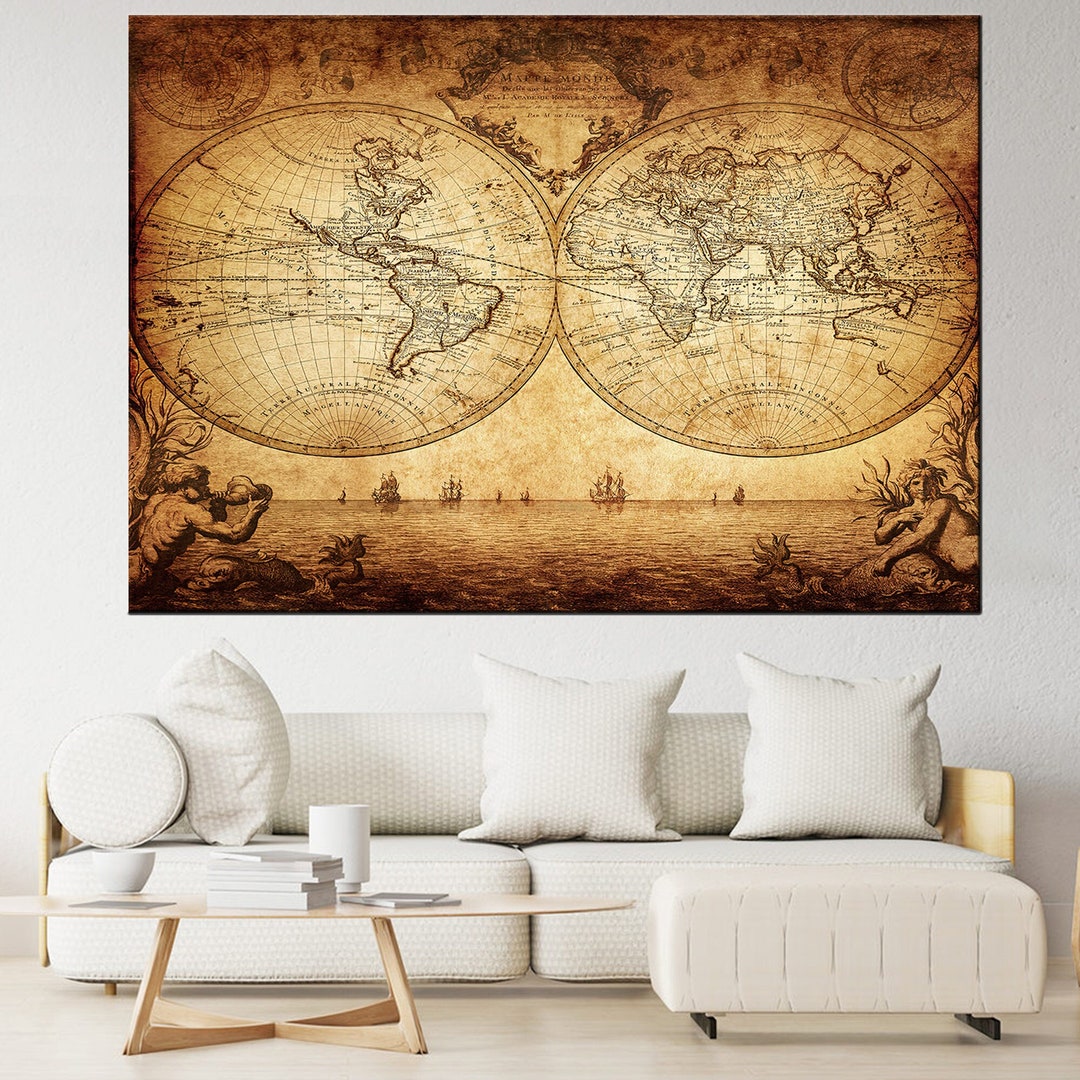 Vintage Canvas, Retro Wall Art, Vintage Map Table, Old World Map