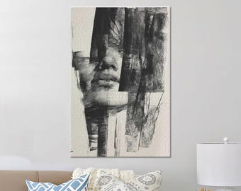 Abstract Face Portrait Canvas Art: Modern Black and White Wall Decor