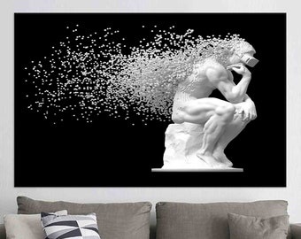 Modern Thinker Canvas Print: Black & White VR Statue Pixelated Art
