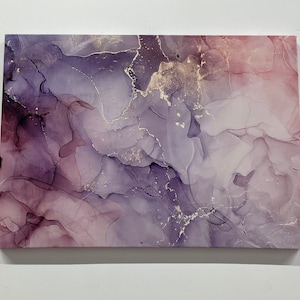May include: Abstract painting with swirling purple, pink, and gold hues. The painting has a marbled effect with a mix of light and dark shades.