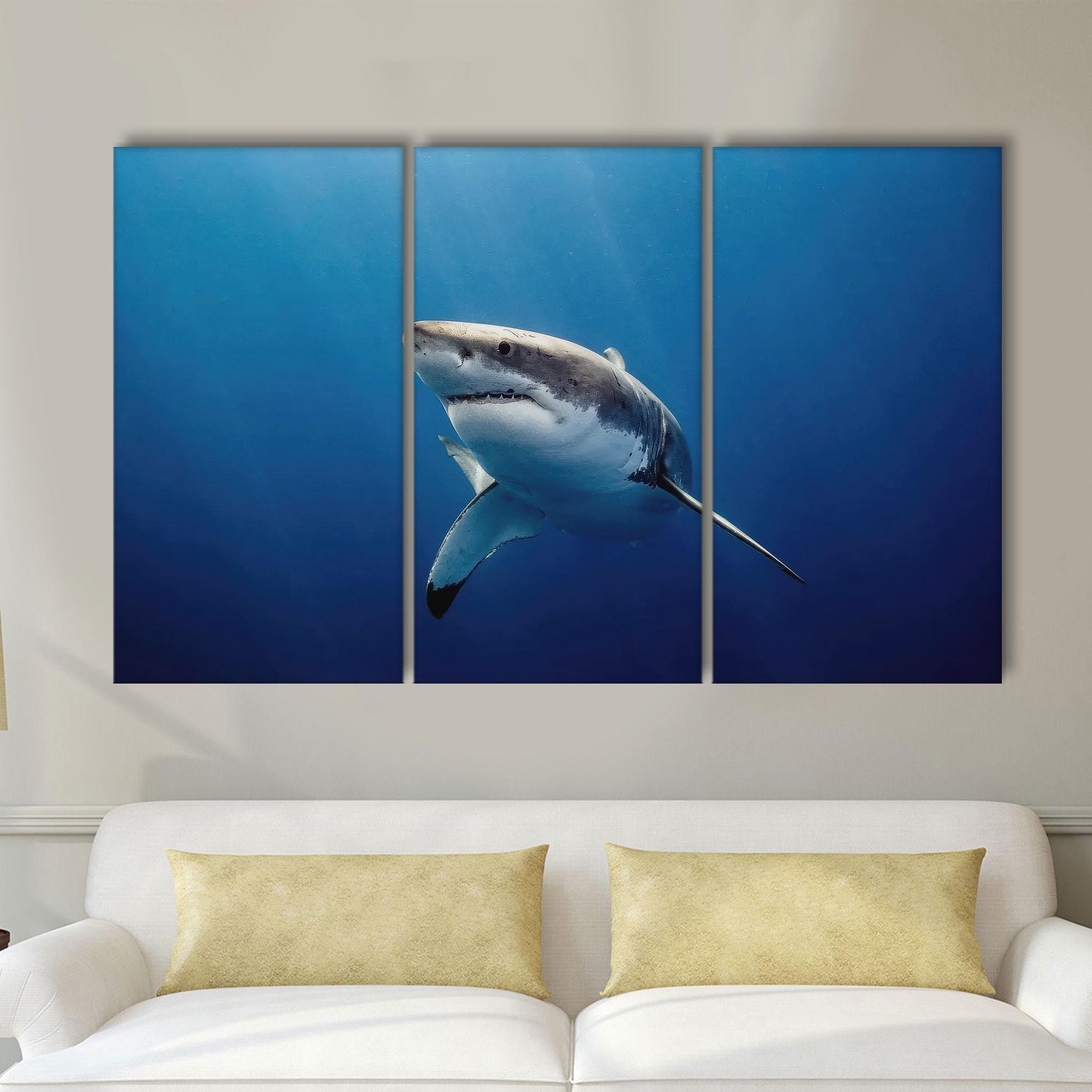 Great White Shark Canvas Wall Art – Deep Ocean Wildlife Poster, Blue ...
