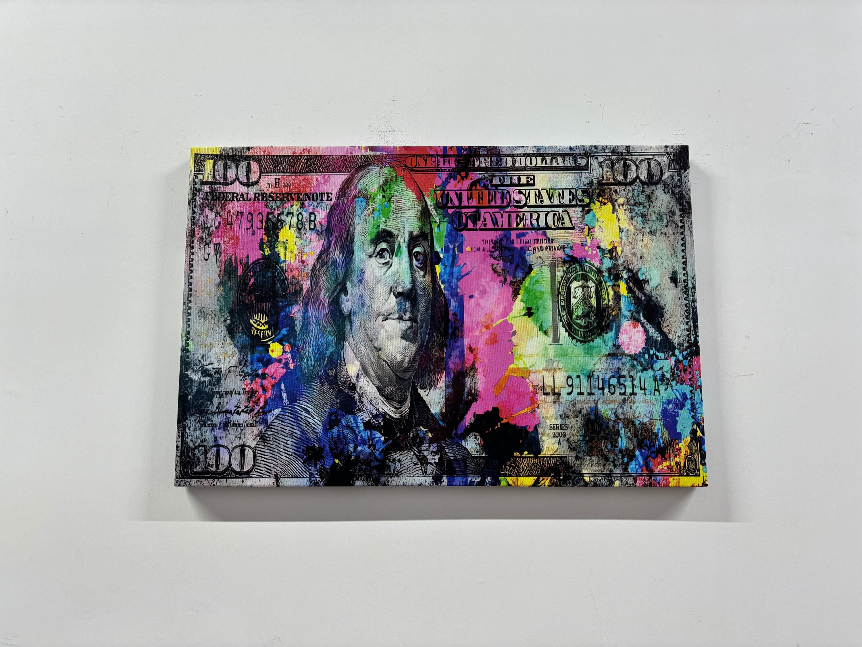 100 Dollar Bill Canvas Art: Benjamin Franklin, Colorful Money Wall