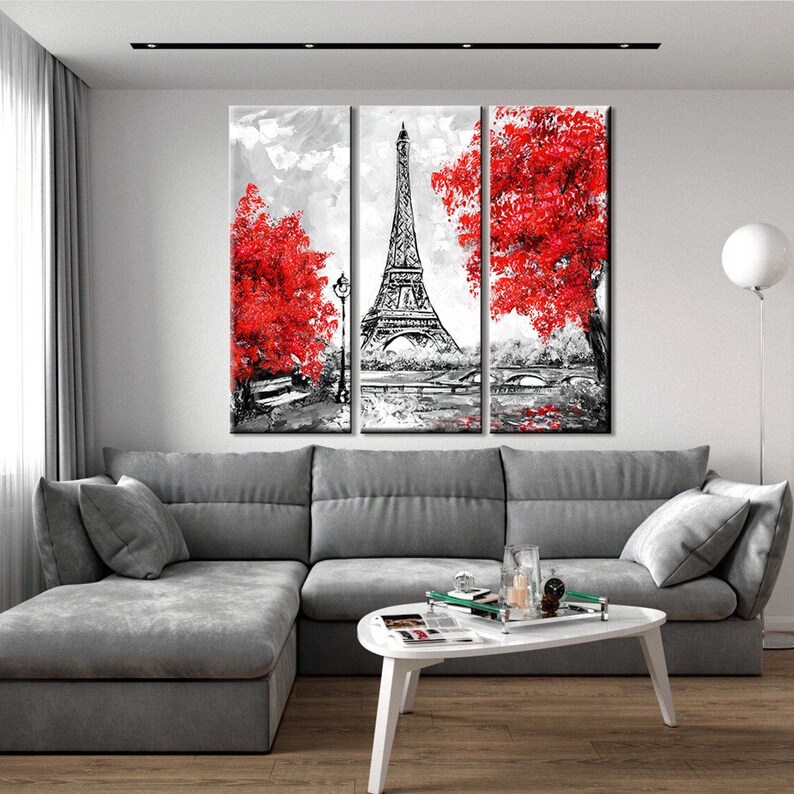Eiffel Tower Canvas Print: Abstract Red Paris Wall Art Set of 3 Panels