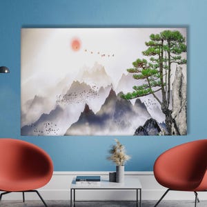 Lienzo de paisaje asiático minimalista, póster de montaña zen y pino, decoración de pared estilo tinta japonesa, impresión de naturaleza serena para el hogar.